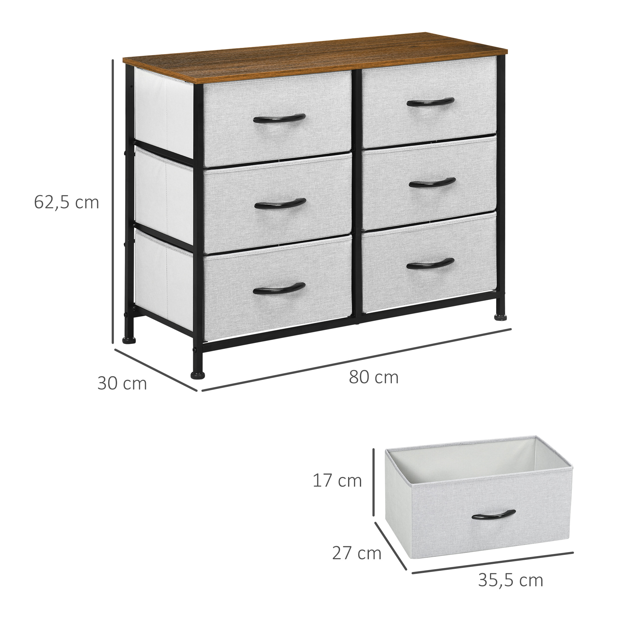 Commode meuble de rangement 6 tiroirs pliables châssis acier noir plateau aspect bois non tissé gris