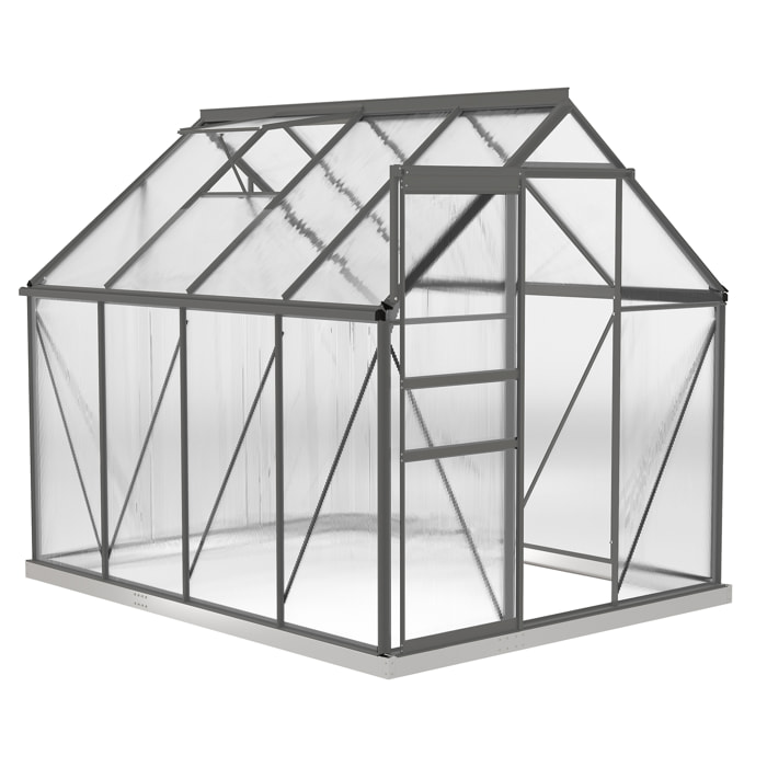 Serre de jardin polycarbonate alu 4,8 m² dim. 2,53L x 1,9l x 1,99H m lucarne réglable fondation porte coulissante gris