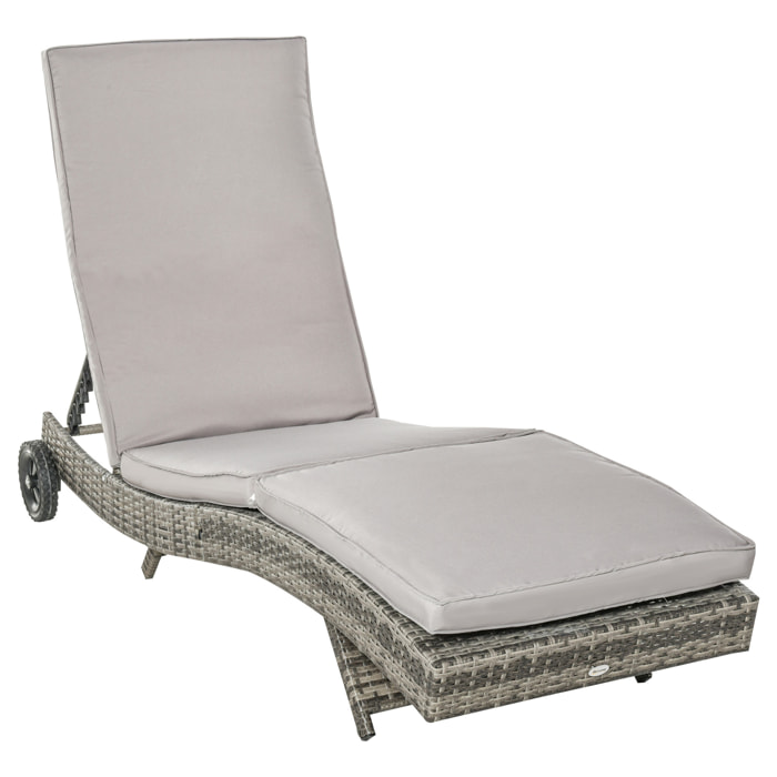Tumbona de Ratán Reclinable Tumbona de Jardín en Forma de S con 2 Ruedas Respaldo Ajustable en 5 Posiciones y Cojín Extraíble para Patio Terraza 207x70x70 cm Gris Claro
