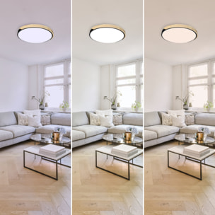 Forlight - Plafón LED Regulable 64W para Interiores, Diseño Moderno en Acero Negro y Madera, Luz Ajustable 3000K-6000K, Diámetro 600mm, Ideal para Techos Bajos y Espacios Amplios