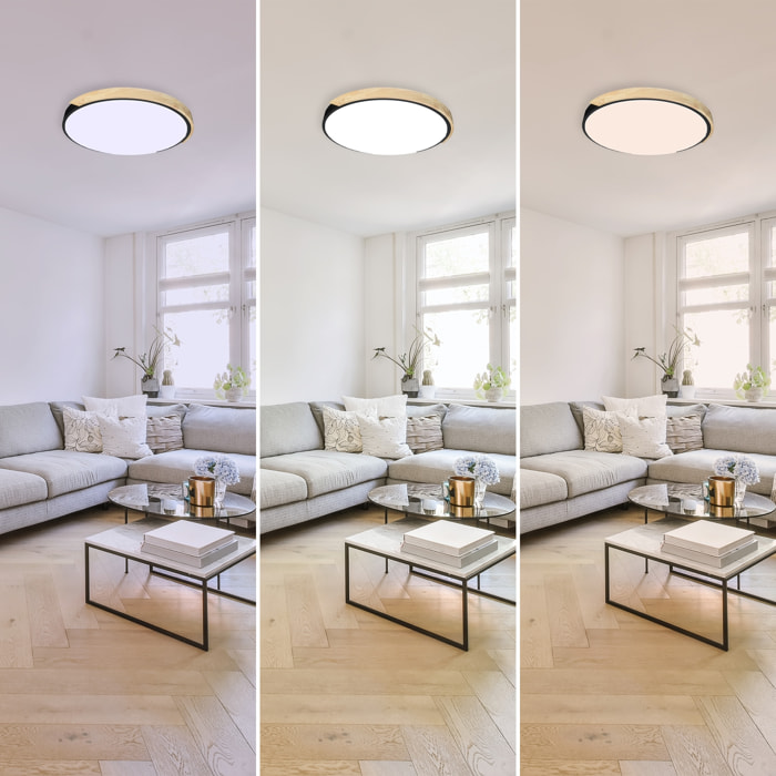 Forlight - Plafón LED Regulable 64W para Interiores, Diseño Moderno en Acero Negro y Madera, Luz Ajustable 3000K-6000K, Diámetro 600mm, Ideal para Techos Bajos y Espacios Amplios