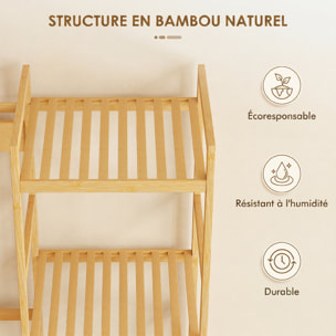 Vestiaire d'entrée style naturel bois bambou 5 + 2 étagères 10 patères barre penderie banc