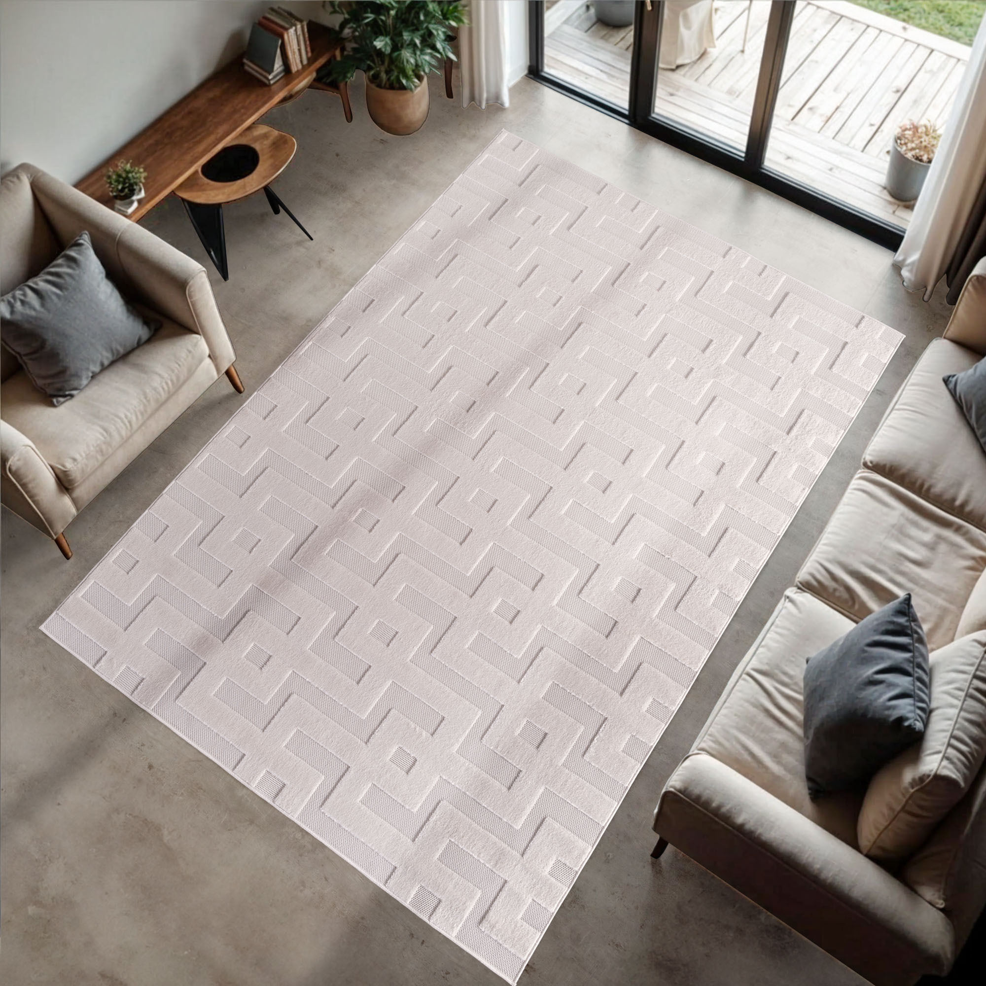 CALVI - Tapis moderne à motif labyrinthe en relief Creme