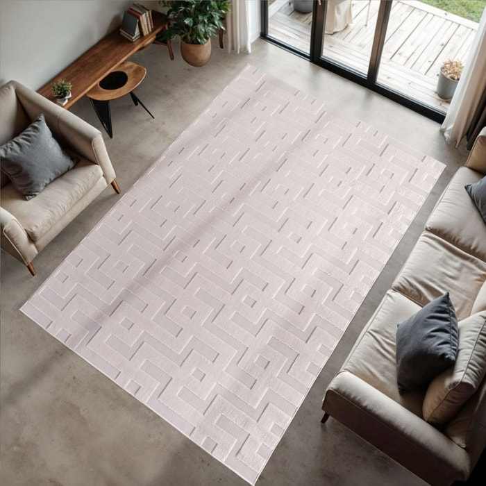 CALVI - Tapis moderne à motif labyrinthe en relief Creme