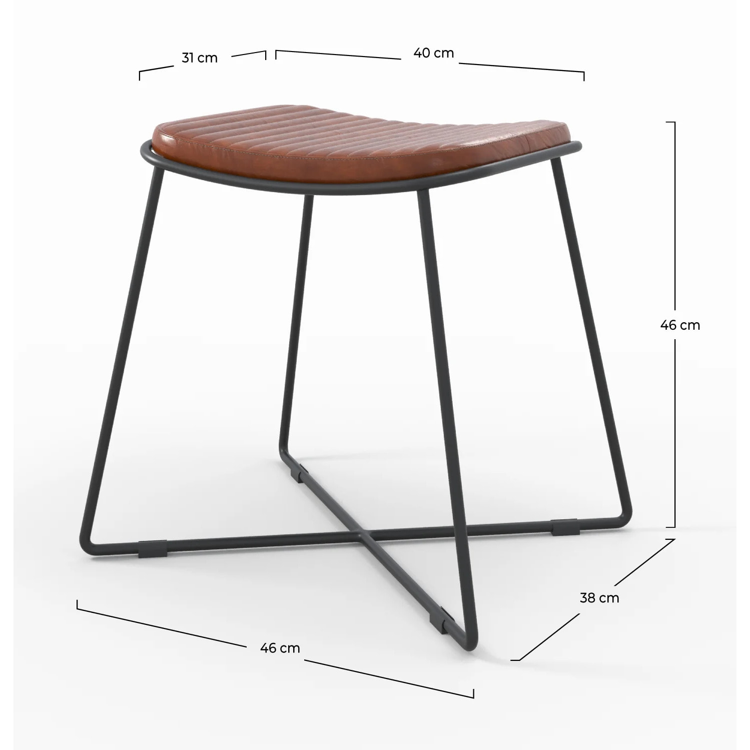 Tabouret en cuir marron et pieds en métal noir - Germain