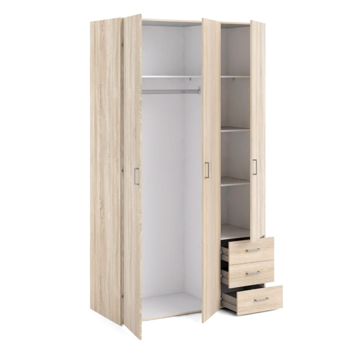 Armadio Con 3 Ante E 3 Cassetti Multiuso Per Abiti Indumenti Design Moderno Capiente Vano Appendiabiti Ripiani Interni 115.8 x 49.5 x 200.4 Cm Rovere