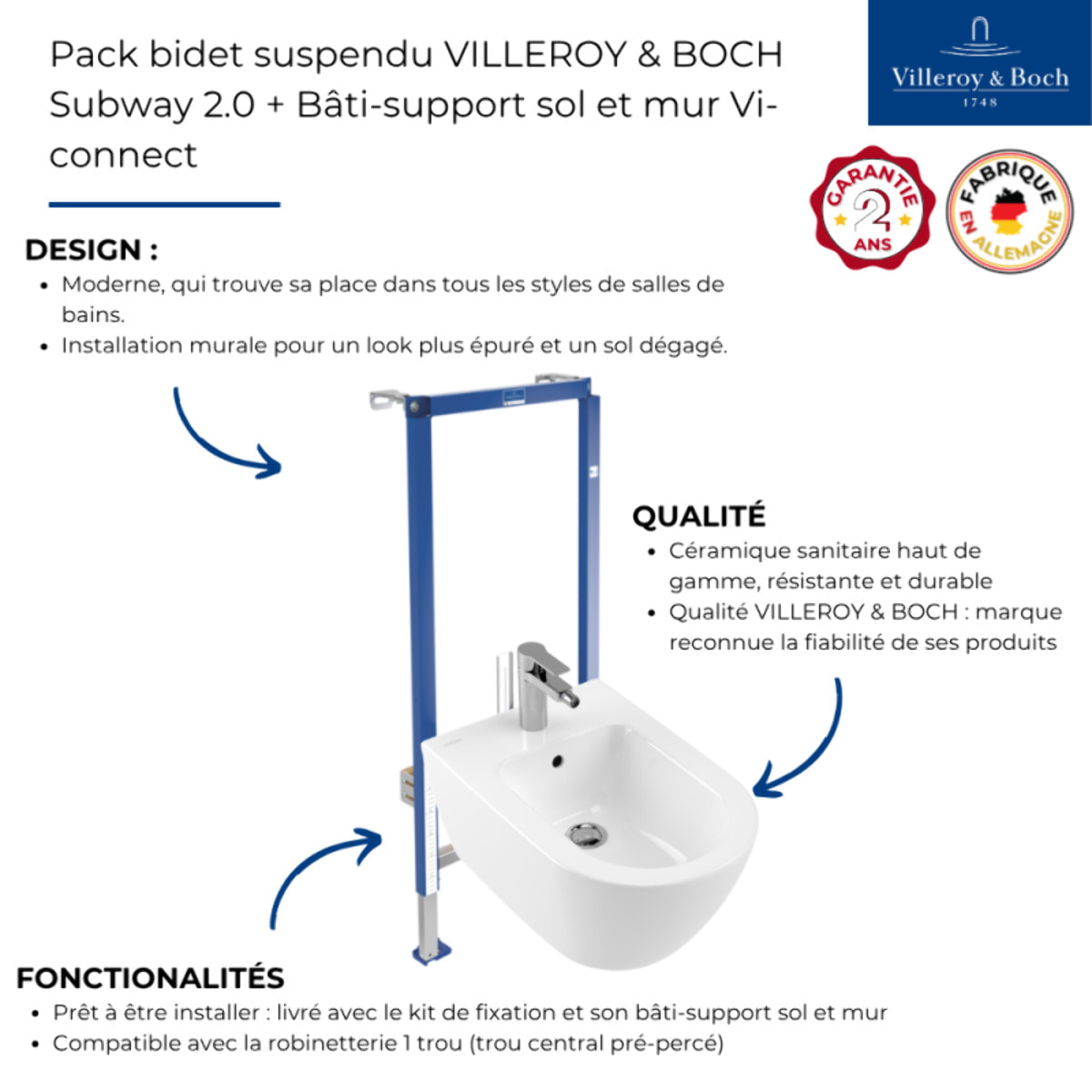 Pack bidet suspendu VILLEROY & BOCH Subway 2.0 + Bâti-support sol et mur Vi-connect