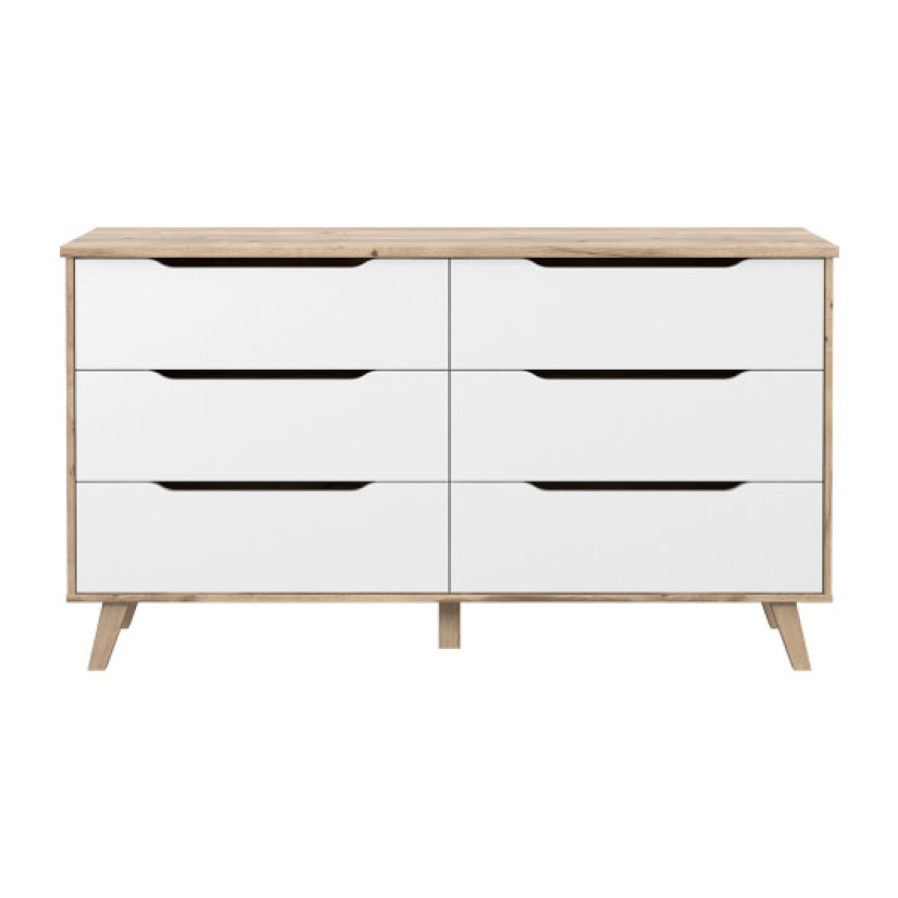 Commode 6 tiroirs effet bois chêne naturel et blanc mat - WANDA