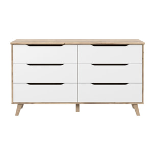 Commode 6 tiroirs effet bois chêne naturel et blanc mat - WANDA