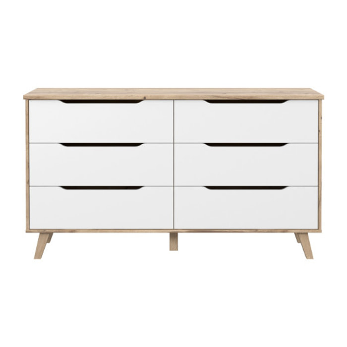Commode 6 tiroirs effet bois chêne naturel et blanc mat - WANDA