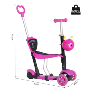 3 en 1 Patinete para Niños de +18 Meses o Scooter de 3 Ruedas con Asiento Extraíble Manillar Mango de Empuje Altura Ajustable 62x25x72,5 cm