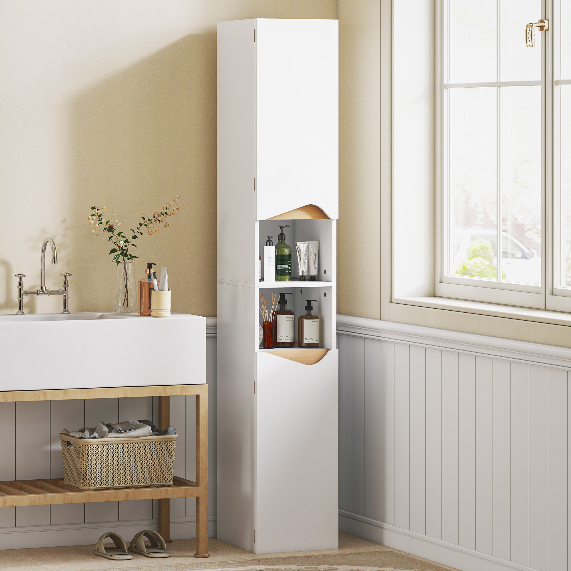 Colonne salle de bain design 2 portes 2 étagères 2 niches effet bois clair blanc