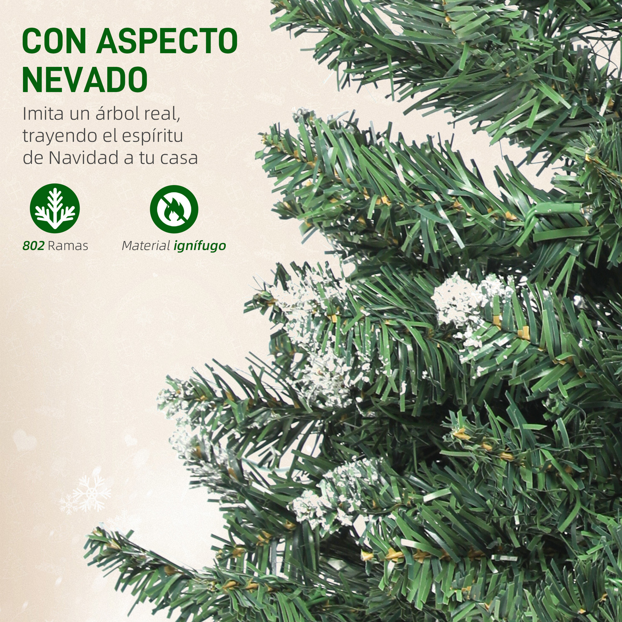 Árbol de Navidad 180 cm, Árbol Navideño de Abeto con Luces LED, 9 Modos de Iluminación, 802 Ramas con Nieve Artificial, Soporte Metálico, Fácil de Montar, Verde