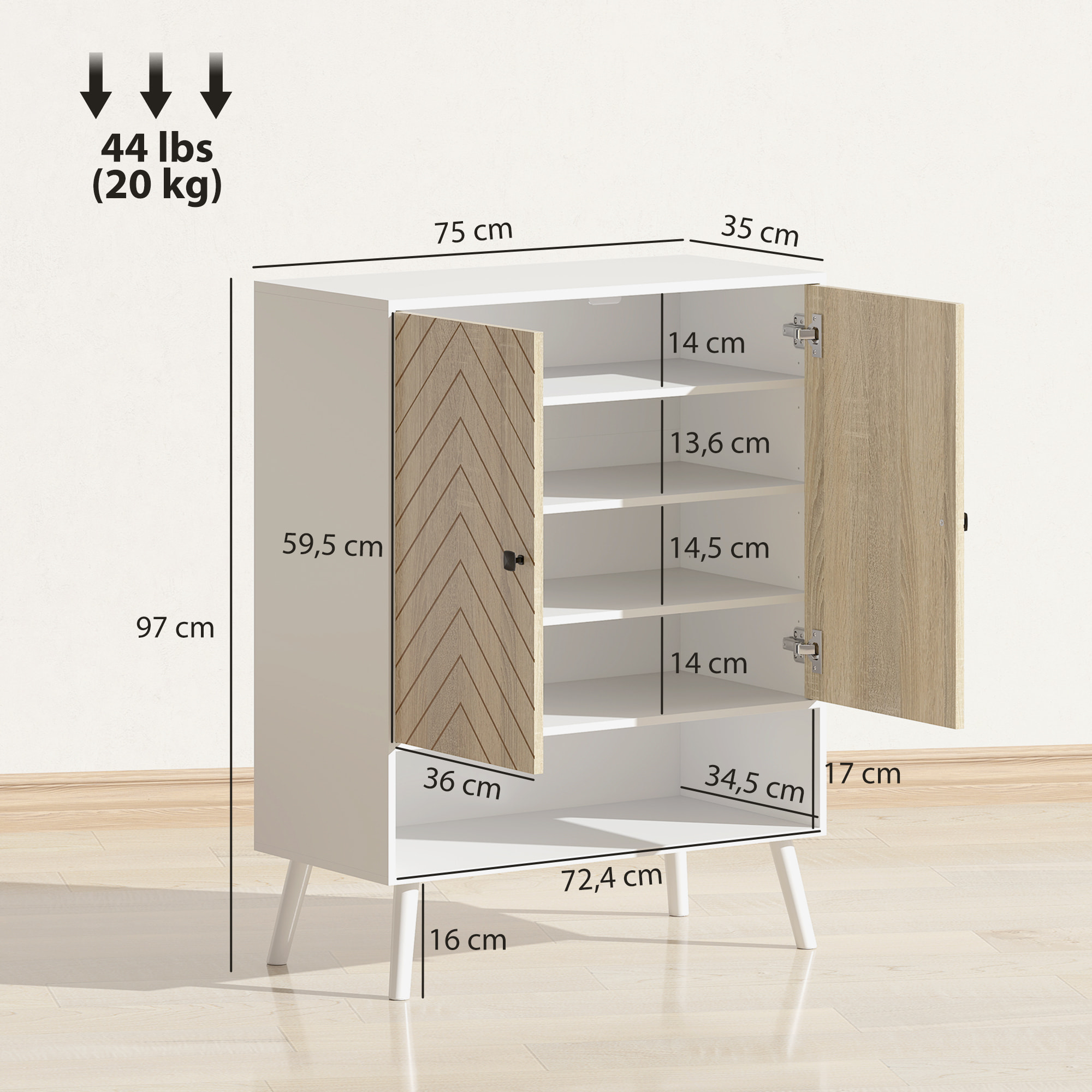 Zapatero de 2 Puertas con Diseño en Espiga, Zapatero Entrada Recibidor con Estantes Ajustables, Compartimento Abierto, para 15 Pares de Zapatos, 75x35x97 cm, Blanco y Natural