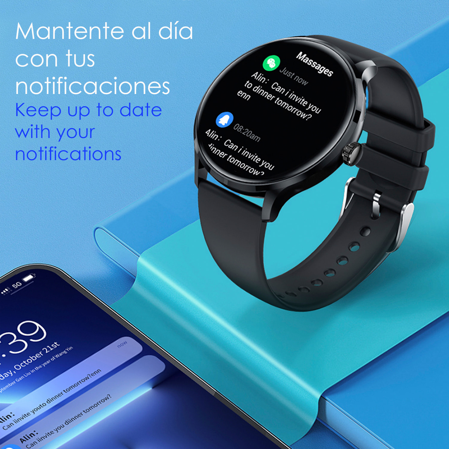 DAM Smartwatch QS80 con llamadas BT, notificaciones push. Monitor deportivo y de salud, termómetro. 4,4x1,1x3,7 Cm. Color: Negro