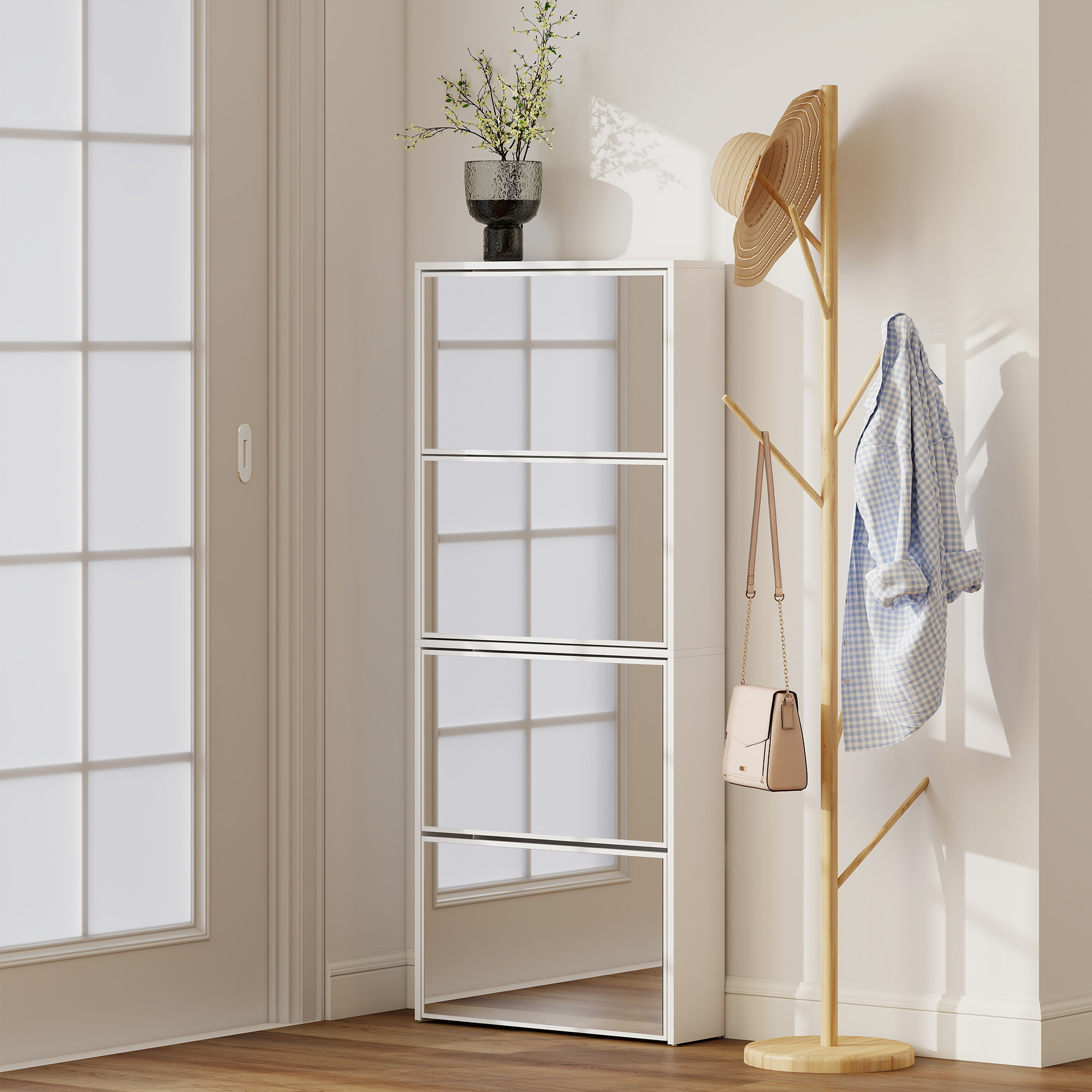 Zapatero Estrecho con Espejo, 4 Puertas Abatibles, Zapatero Entrada Recibidor para 12 Pares de Zapatos, para Pasillo, Espacios Reducidos, 63x17x146 cm, Blanco