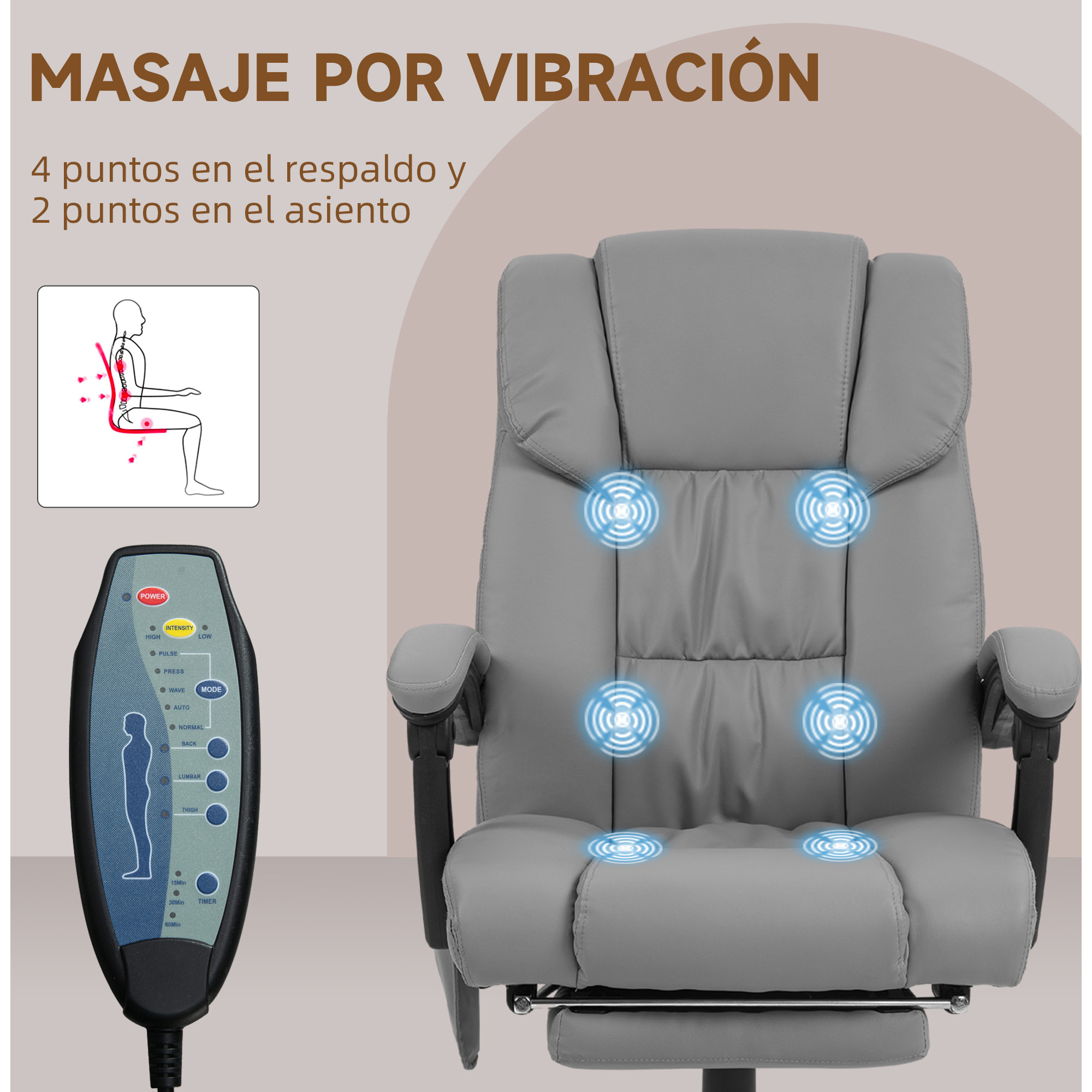 Silla de Oficina con Masaje Vibratorio de 6 Puntos Silla de Escritorio Giratoria con Respaldo Alto Reclinable Altura Ajustable Reposapiés y Mando a Distancia Gris