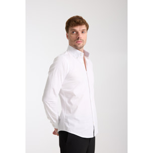 Camicia Uomo 2 Bottoni Button Down Slim Popeline Stretch Unito Bianco