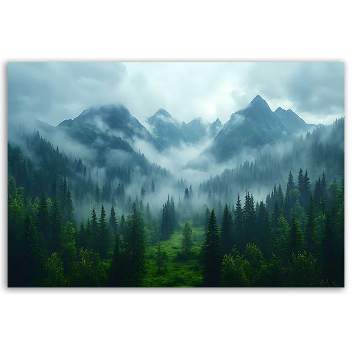 Tableau paysage de montagne brumeuse et forêt verdoyante Toile imprimée