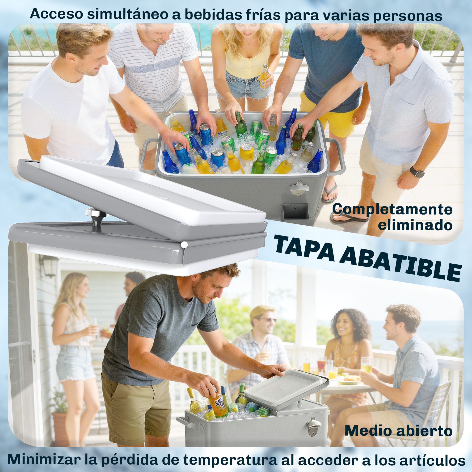 Carrito Nevera de 76L con Ruedas, Carro de Bebidas con Estante, Abrebotellas, Recogetapas, Drenaje y 2 Asas, Mesa Nevera Jardín Exterior para Patio, Fiesta, BBQ, 92x39x81 cm, Plateado