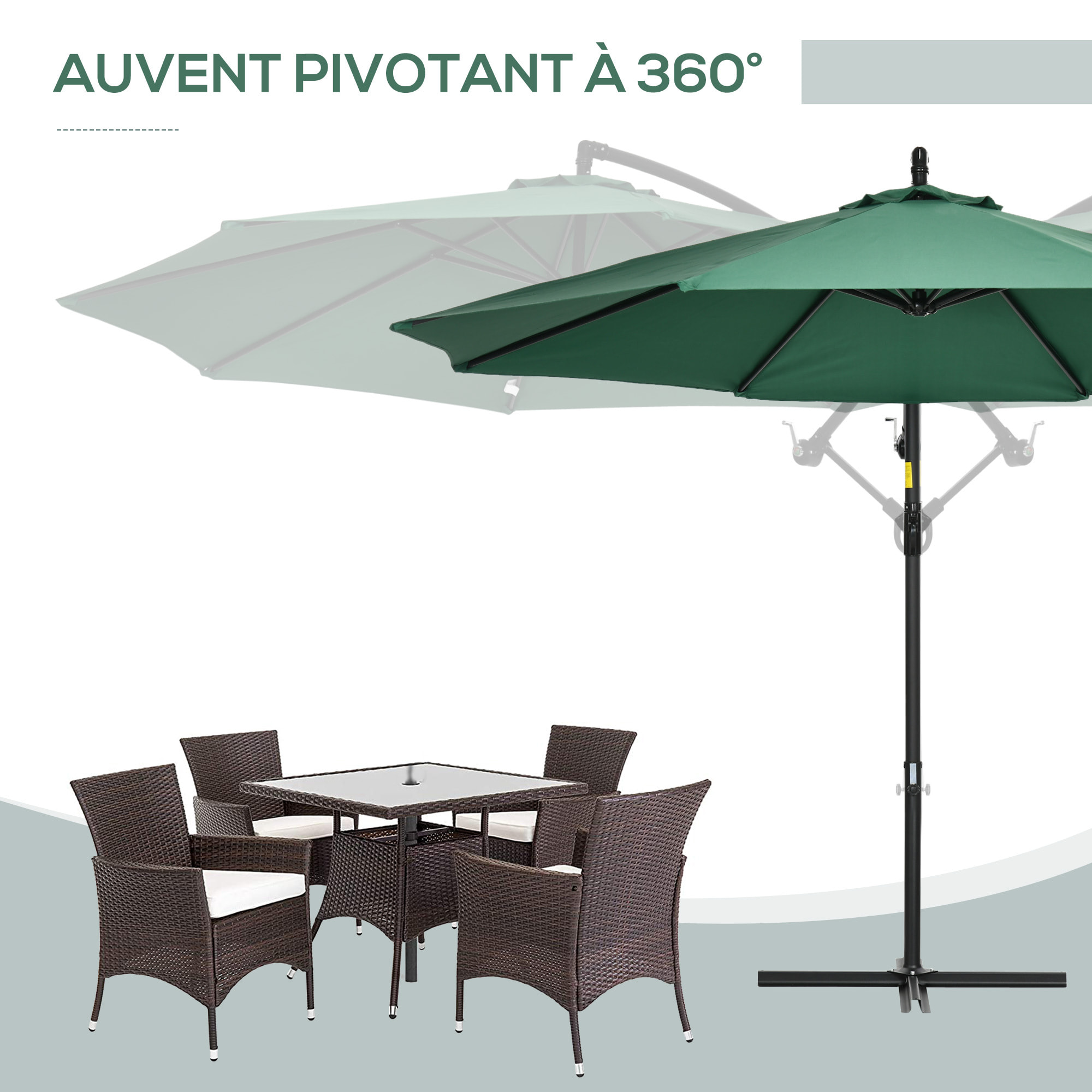 Parasol déporté octogonal inclinable pivotant manivelle pied acier Ø 2,9 x 2,4H m vert