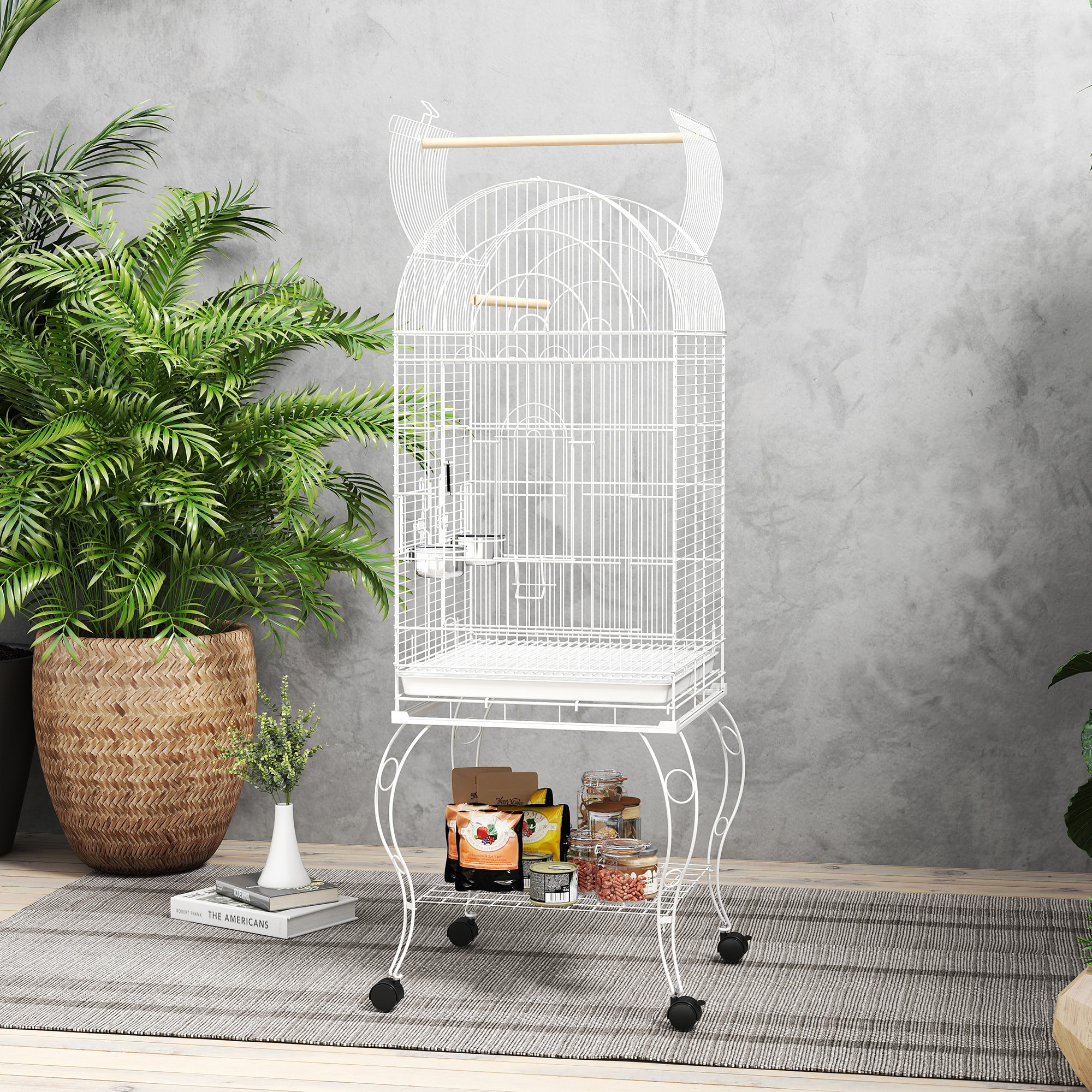 Jaula para Pájaros con Ruedas y Estante, 51x51x153 cm, Jaula Grande con Parte Superior Abatible, 2 Comederos, 2 Perchas, 4 Puertas y Bandeja Extraíble, para Loros y Canarios, Blanco