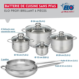 Ensemble de 2 Poêles de cuisson 28 et 32 cm et 4 faitouts 12, 16, 20 et 24 cm Elo Profi Brillant