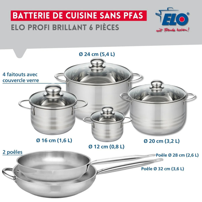 Ensemble de 2 Poêles de cuisson 28 et 32 cm et 4 faitouts 12, 16, 20 et 24 cm Elo Profi Brillant