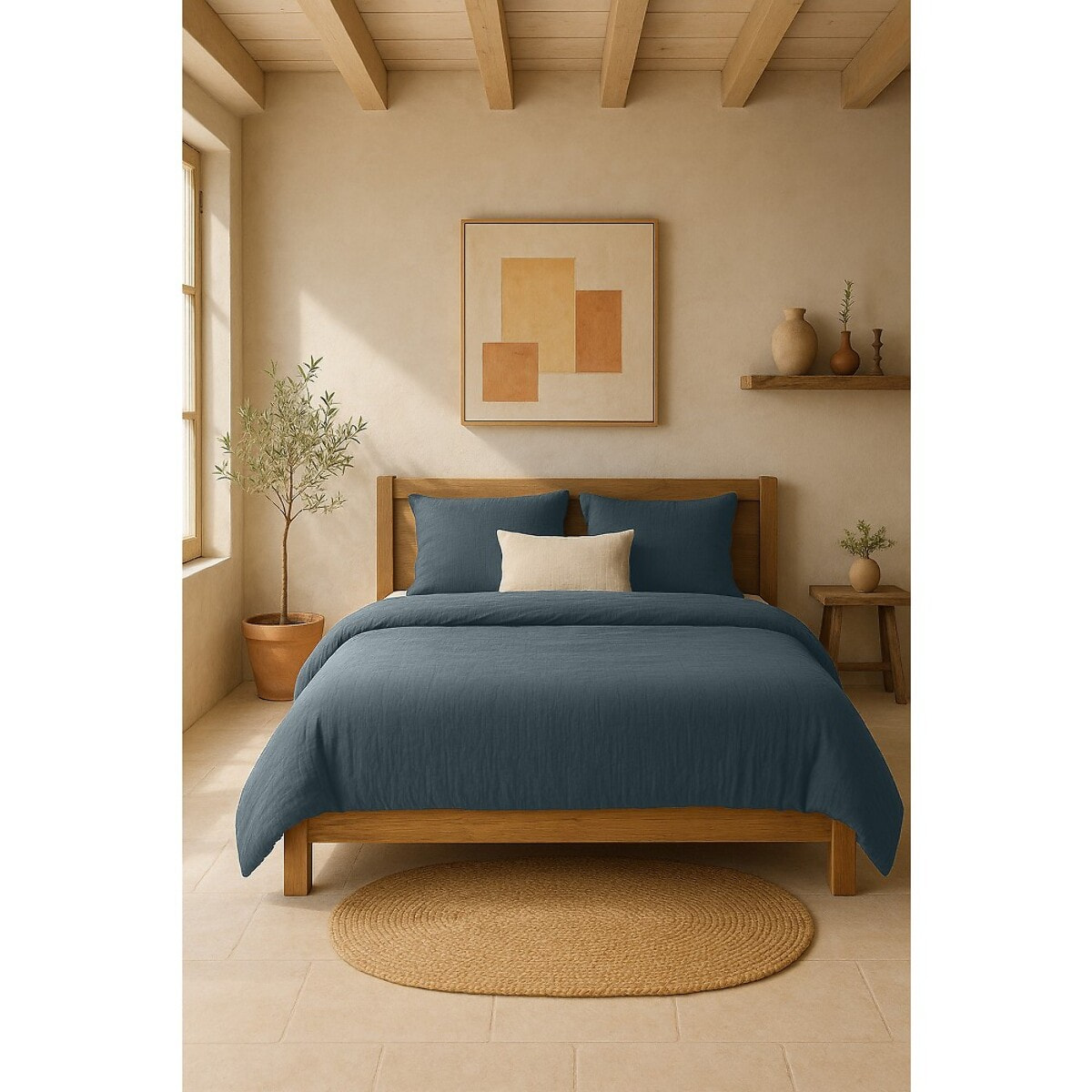Drap housse gaze de coton lavé bleu petrole