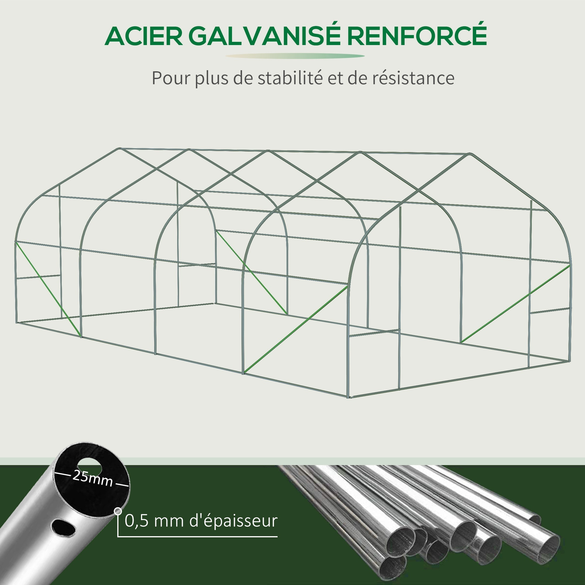 Serre tunnel grande taille 17,85 m² châssis tubulaire acier galvanisé renforcé 2,4 cm 8 fenêtres 1 porte blanc