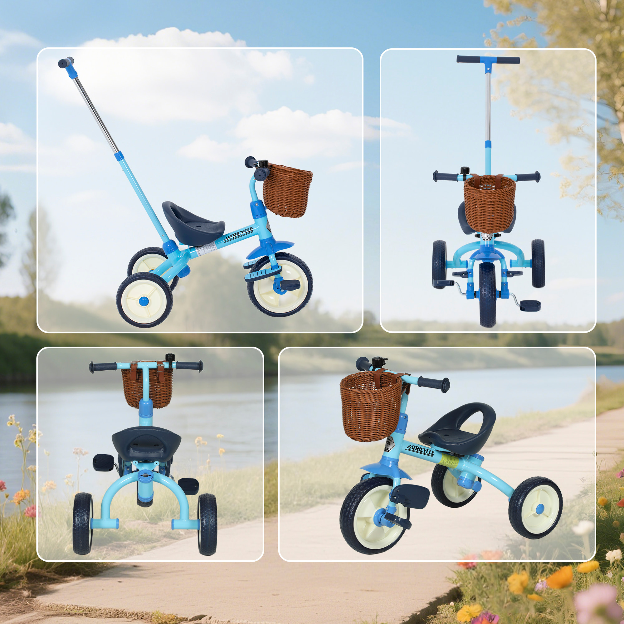 Triciclo para Bebés 2 en 1, Triciclo Evolutivo, 2-5 Años, con Barra Parental Ajustable, Pedales Antideslizantes, Reposapiés Plegables y Cesta, para Niños y Niñas, Azul Claro