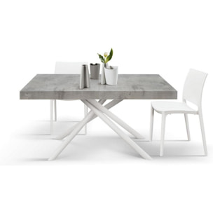 Tavolo CARRARA in legno, finitura grigio cemento e base in metallo verniciato bianco, allungabile 180×90 cm – 260×90 cm