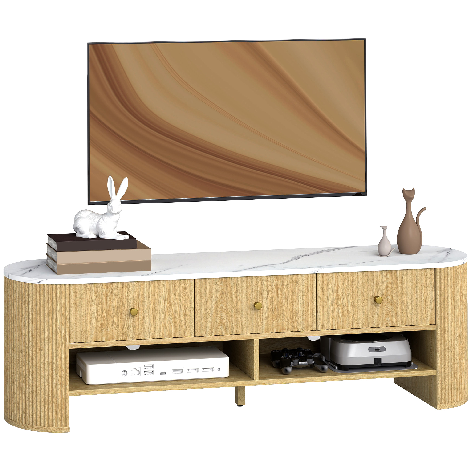 Meuble TV design ovale effet marbre blanc 140 x 40 x 43 cm 3 tiroirs 2 niches aspect bois clair