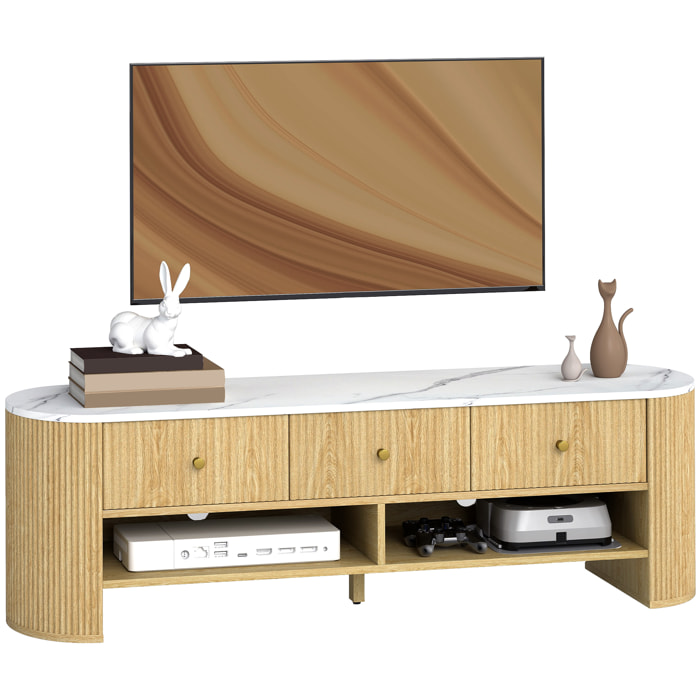 Meuble TV design ovale effet marbre blanc 140 x 40 x 43 cm 3 tiroirs 2 niches aspect bois clair