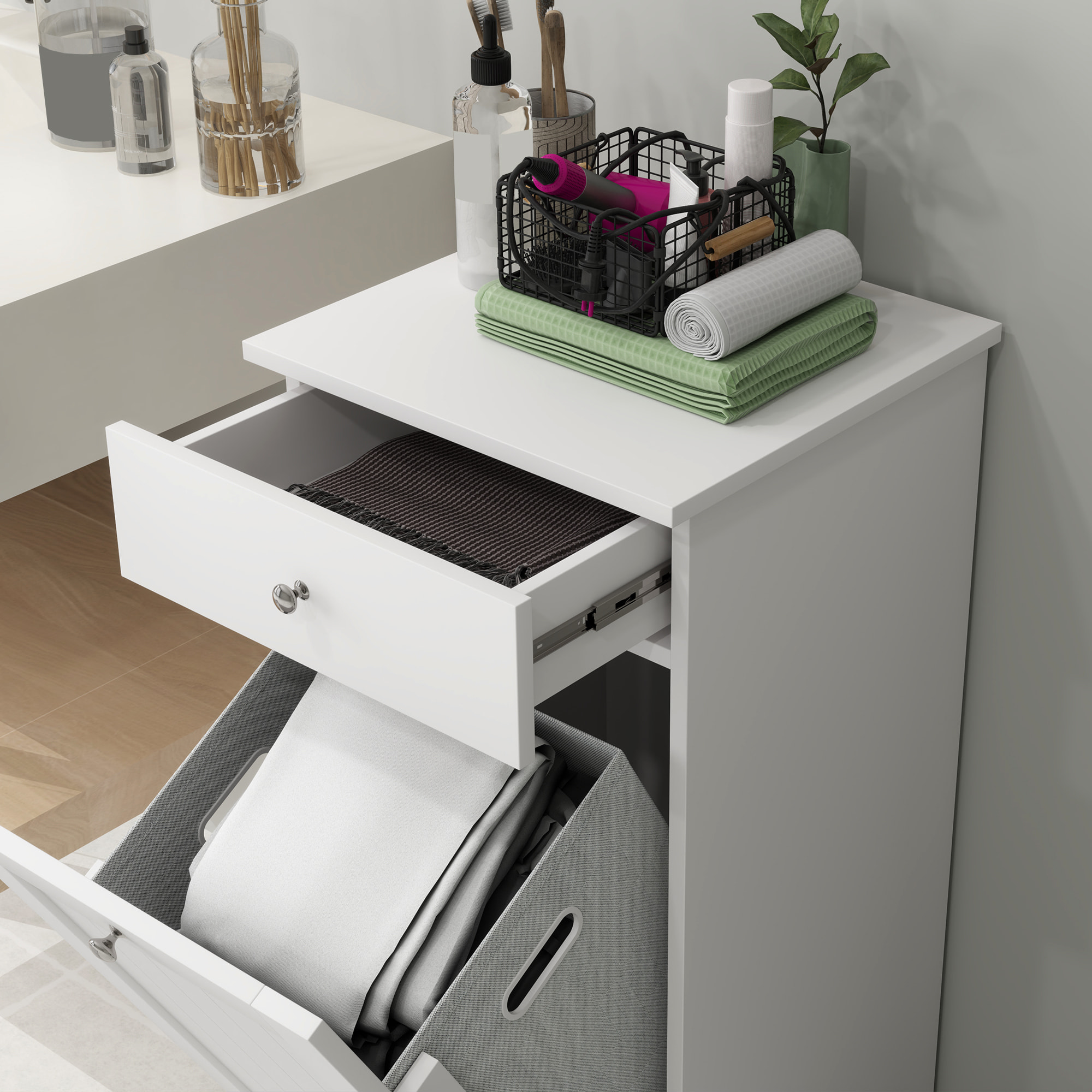 Armario de Baño con Cesto Ropa Sucia Abatible, Mueble Ropa Sucia con Bolsa de Tela Plegable y Cajón, Ideal para Lavandería, Blanco, 40x38x90 cm