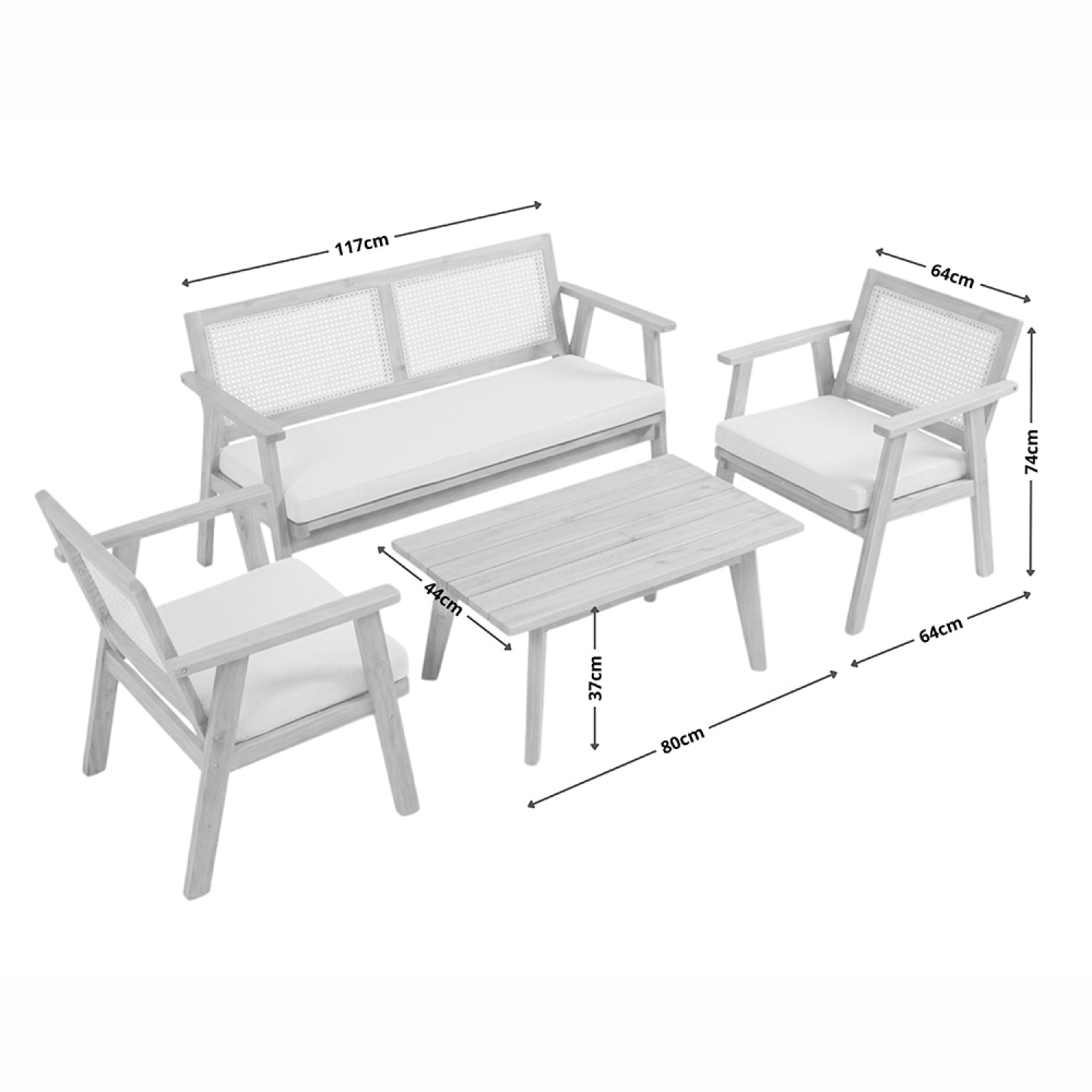 Salon de jardin 4 places en acacia et cannage HOA