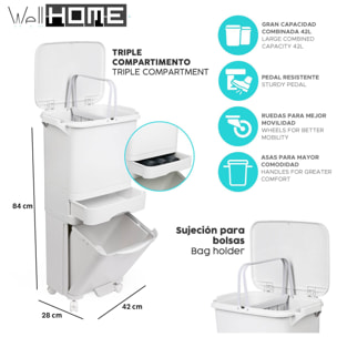 Papelera de reciclaje de clasificación selectiva con pedal, ruedas y asa de triple compartimento de 42l (24l + 4l + 14l).