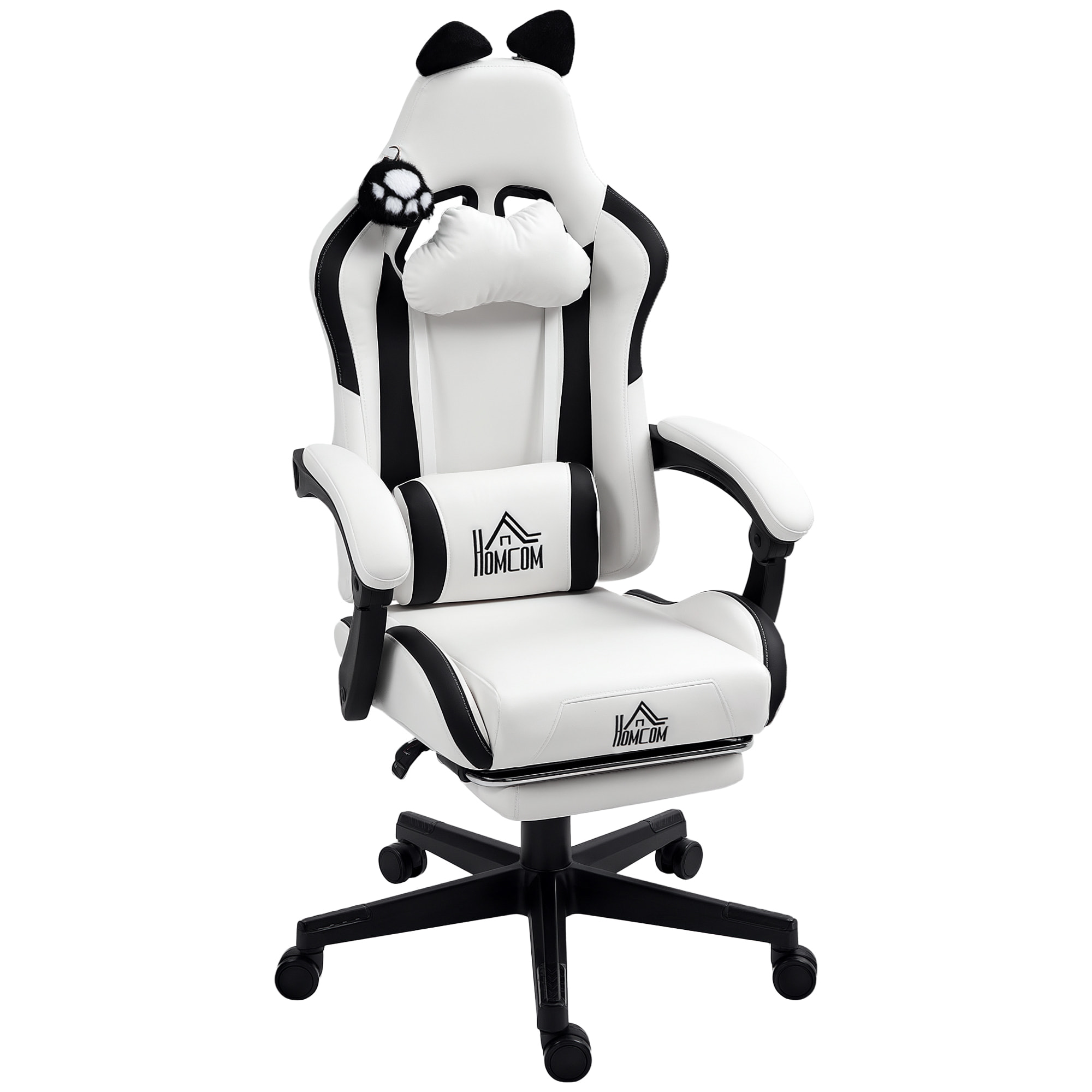 Chaise gaming design oreilles et patte de chat - inclinable, repose-pieds rétractable - blanc noir