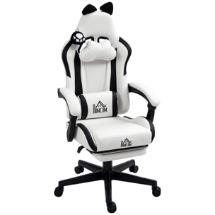 Chaise gaming design oreilles et patte de chat - inclinable, repose-pieds rétractable - blanc noir