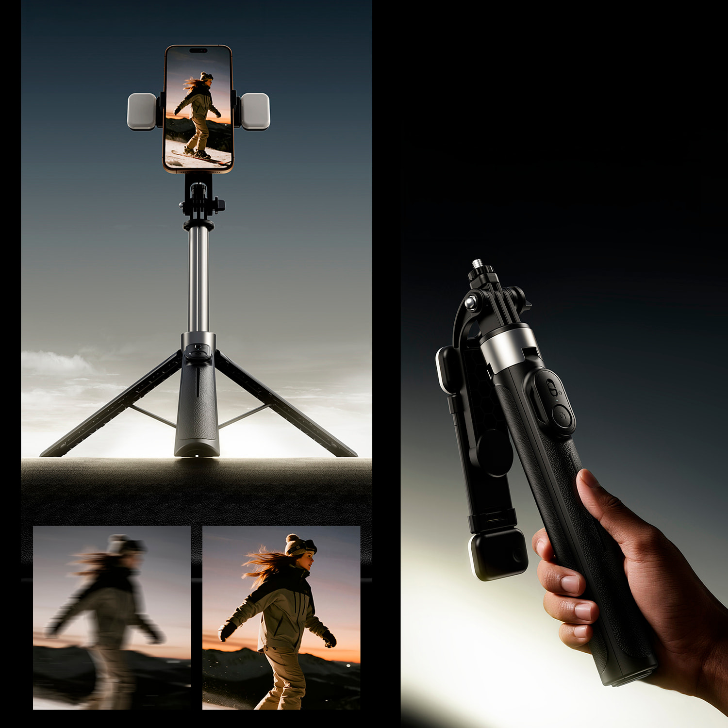 Palo de selfie extensible de hasta 1,3 m con función trípode y luz de relleno integrada con 3 modos de color. Incluye mando de control remoto.