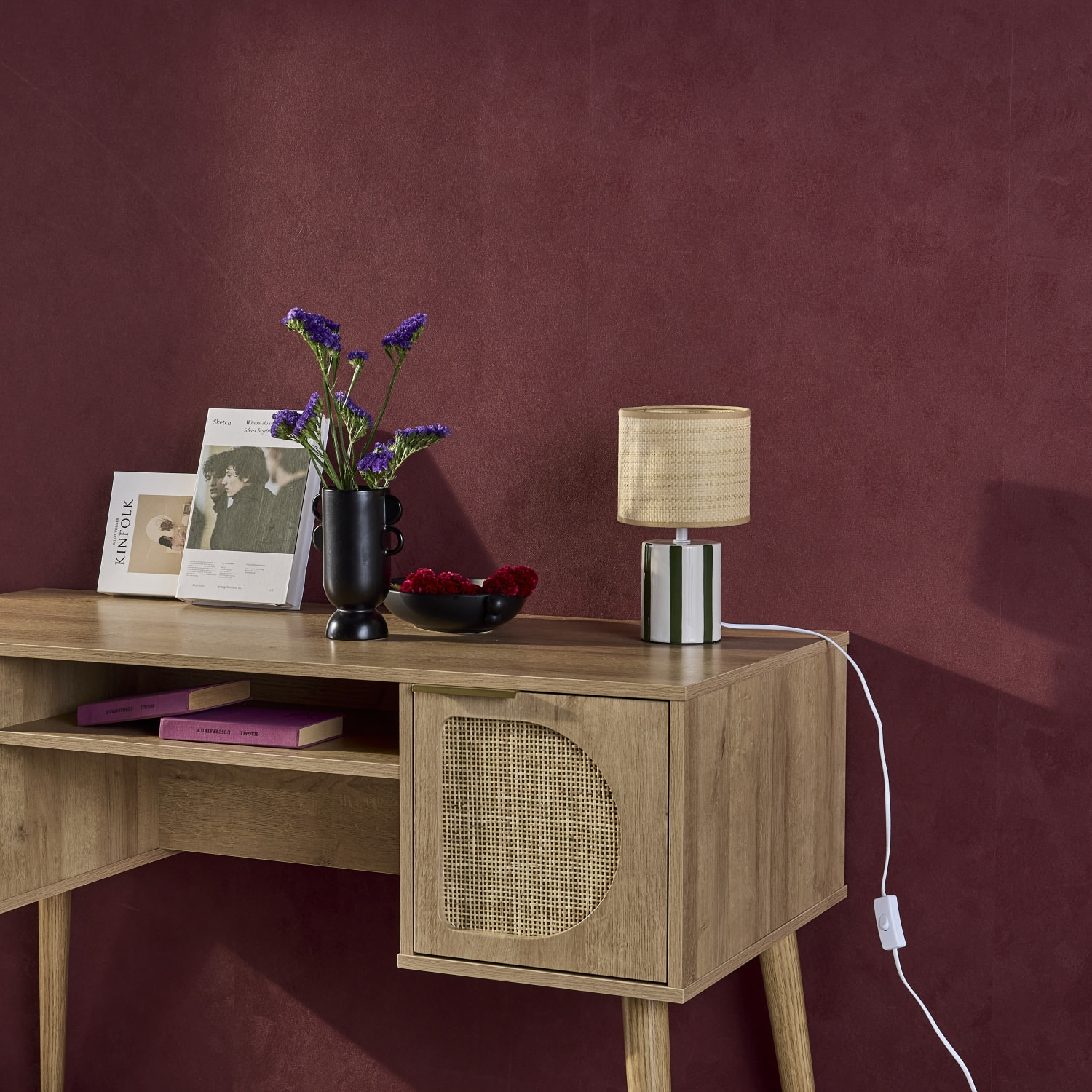 Lampe de table intérieur céramique abat-jour effet rotin H 28cm AURORE