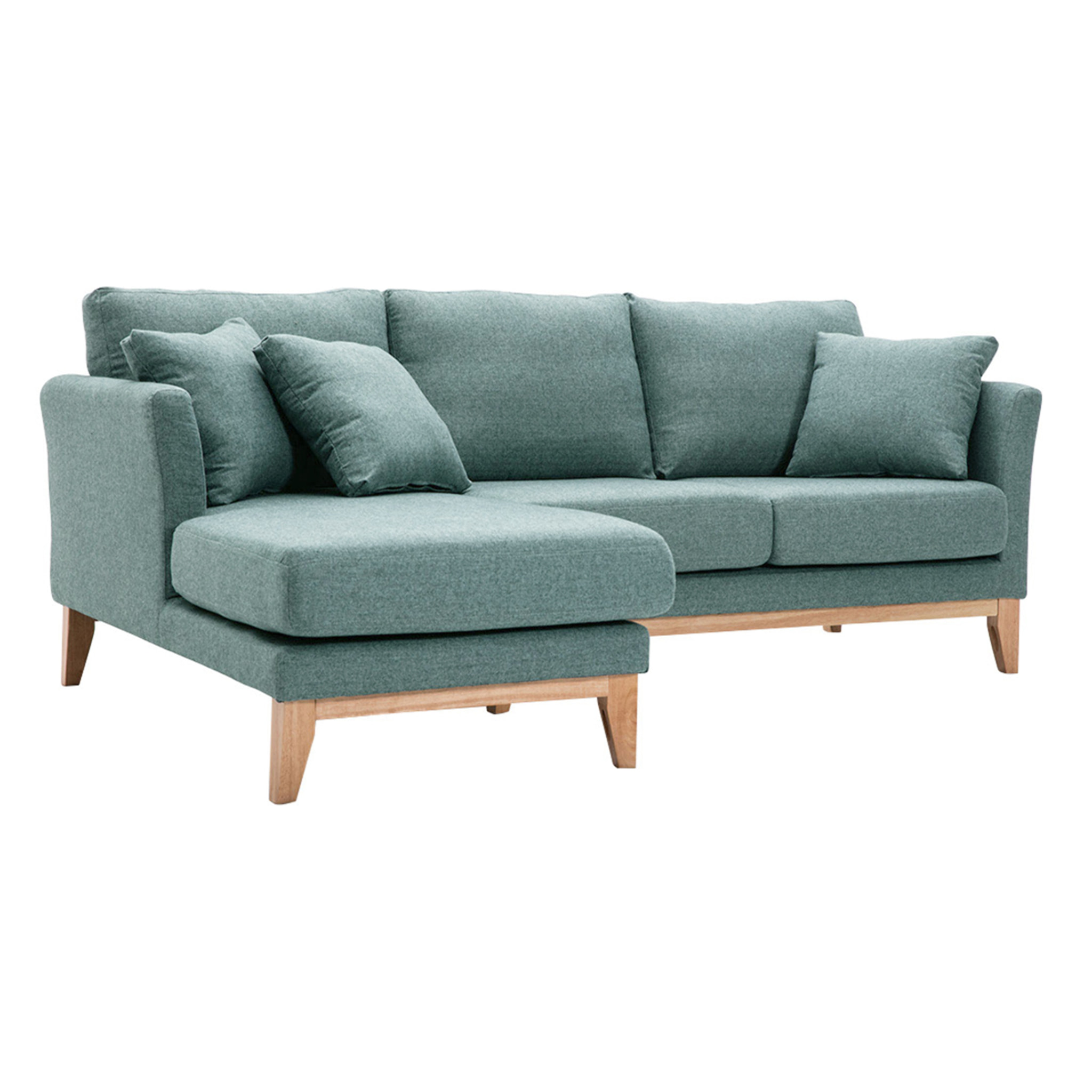 Canapé d'angle gauche déhoussable scandinave en tissu vert de gris et bois clair 3-4 places OSLO
