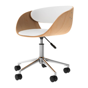 Chaise de bureau pivotante sur roulettes en bois et PU blanc - Adelmar