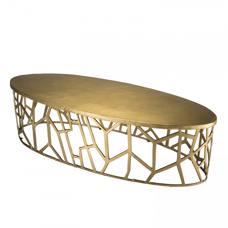 JONAS - Table basse ovale 150x60cm aluminium doré piètement graphique