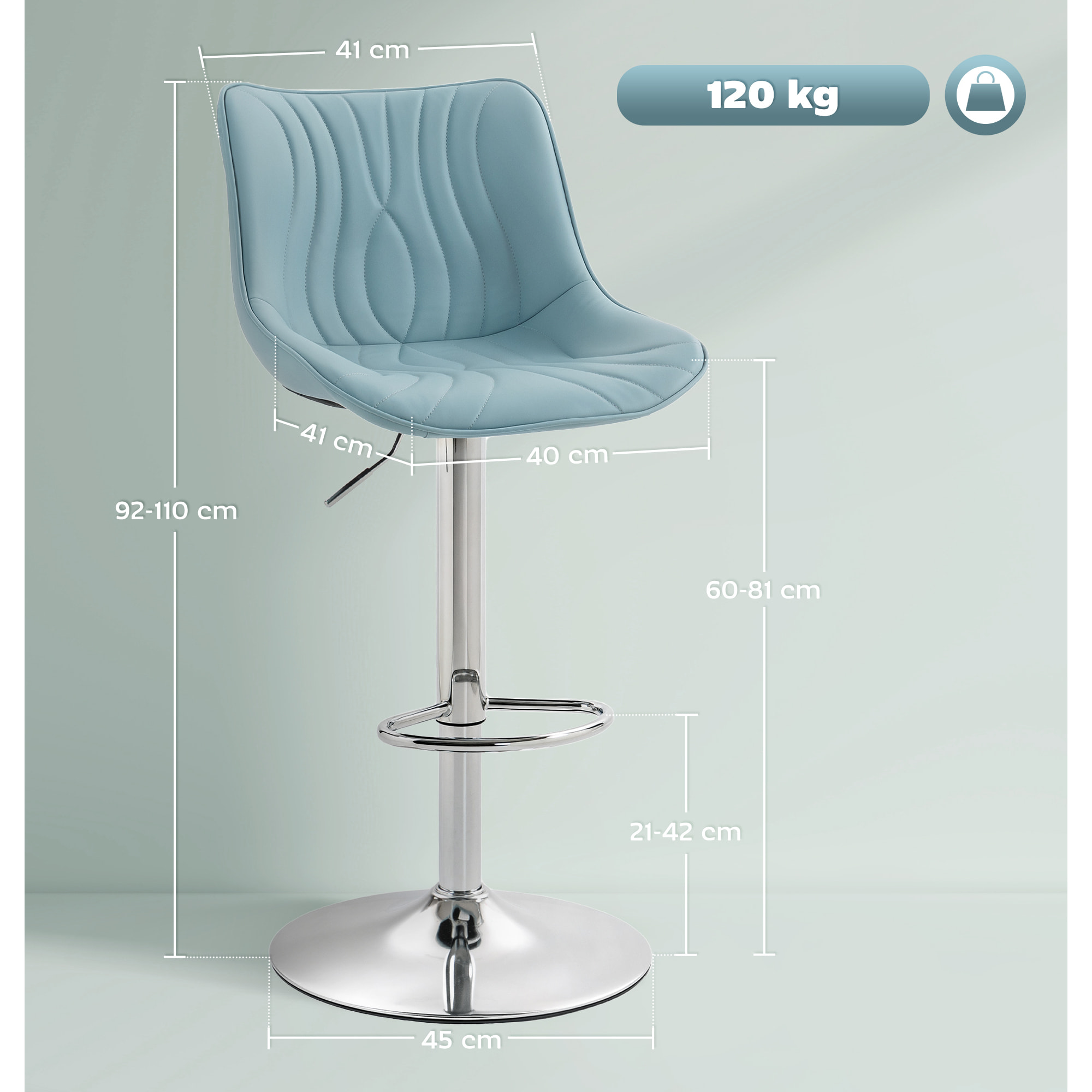 Lot de 2 tabourets de bar design réglables pivotants H.92-110 cm revêtement synthétique bleu