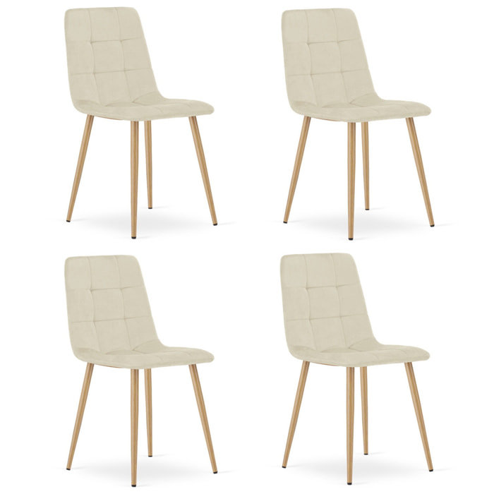 Set di 4 Sedie Kara in Velluto Beige con Gambe Effetto Legno