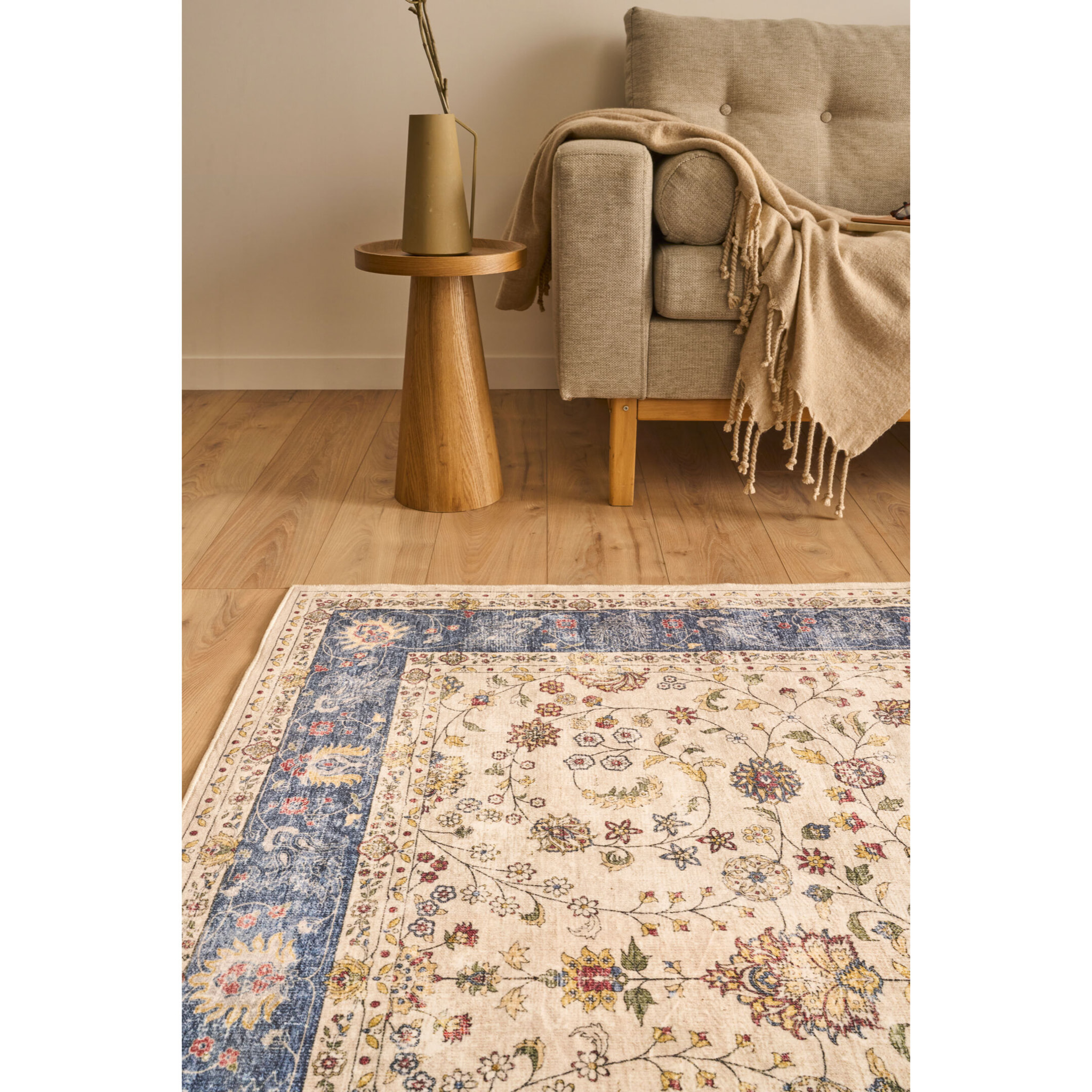 OTTOMAN - Tapis à poils courts doux à motif arabesque bleu