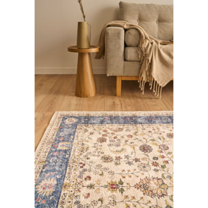 OTTOMAN - Tapis à poils courts doux à motif arabesque bleu