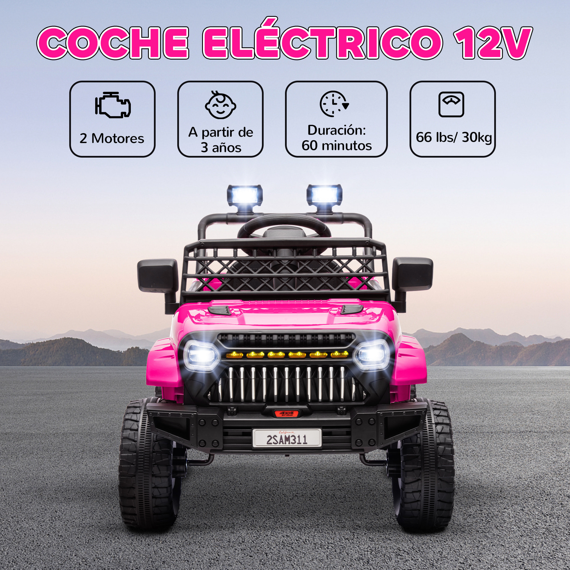 Coche Eléctrico para Niños de +3 Años Coche Eléctrico Infantil de Batería 12V con Mando a Distancia Velocidad Ajustable USB Faros Bocina Rosa Fucsia
