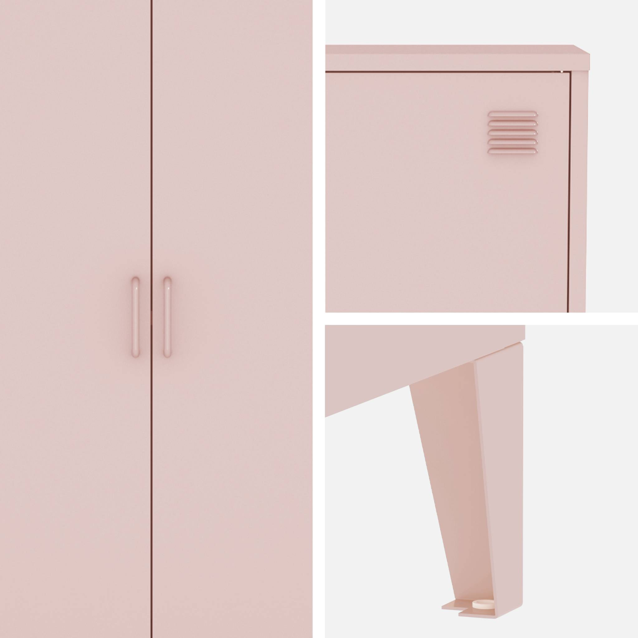 Commode/armoire en métal rose. 2 espaces de rangement. casiers